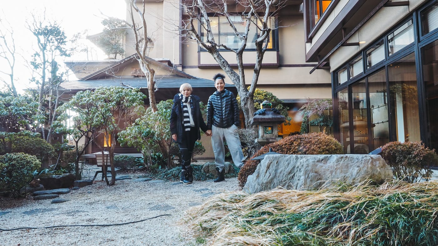 Japan - Mount Fuji - Couple friend posing at the Kozanteiubuya Ubuya Hotel garden